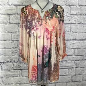 Mushkaby Sienna Rose Embellished  Boho Babydoll Tunic 3/4 Sleeve